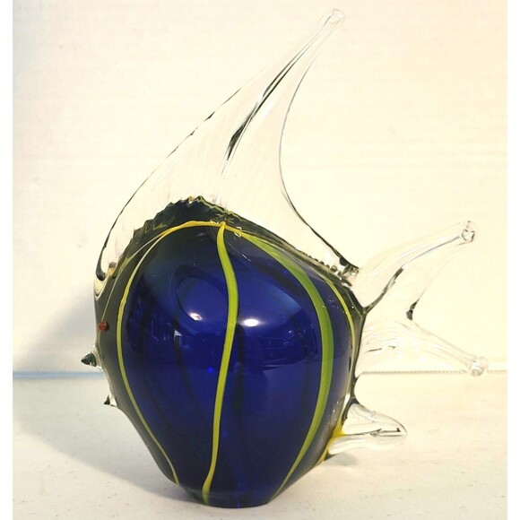 Hand Blown Art Glass Angelfish Paperweight Figurine Cobalt Blue w/ Yellow Stripe - Picture 2 of 9